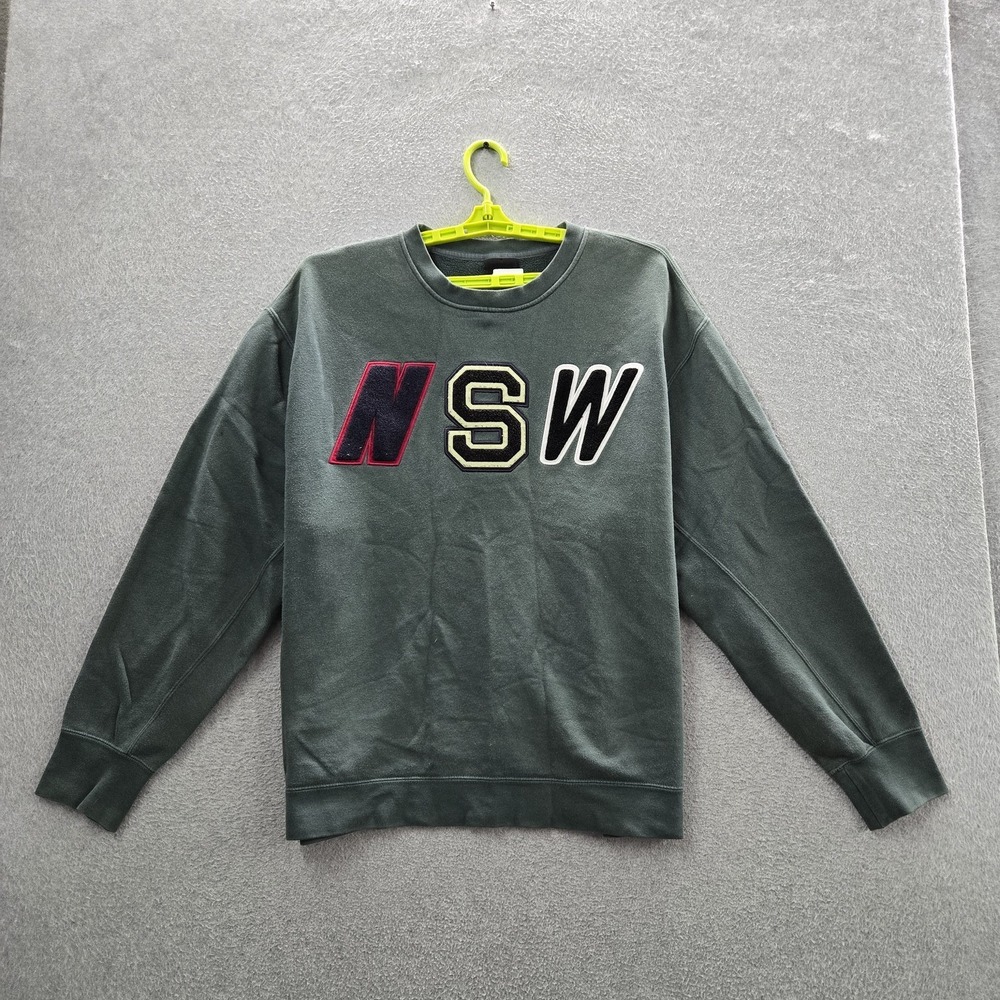 Nike Men Sweatshirt L Green Embroidered Fleece Lettering Logo Long Sleeve‎ READ